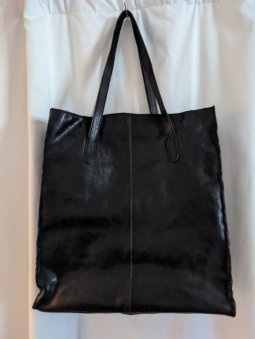 J.Crew Black Leather Tote Zip Top Green Lining Inner Pockets